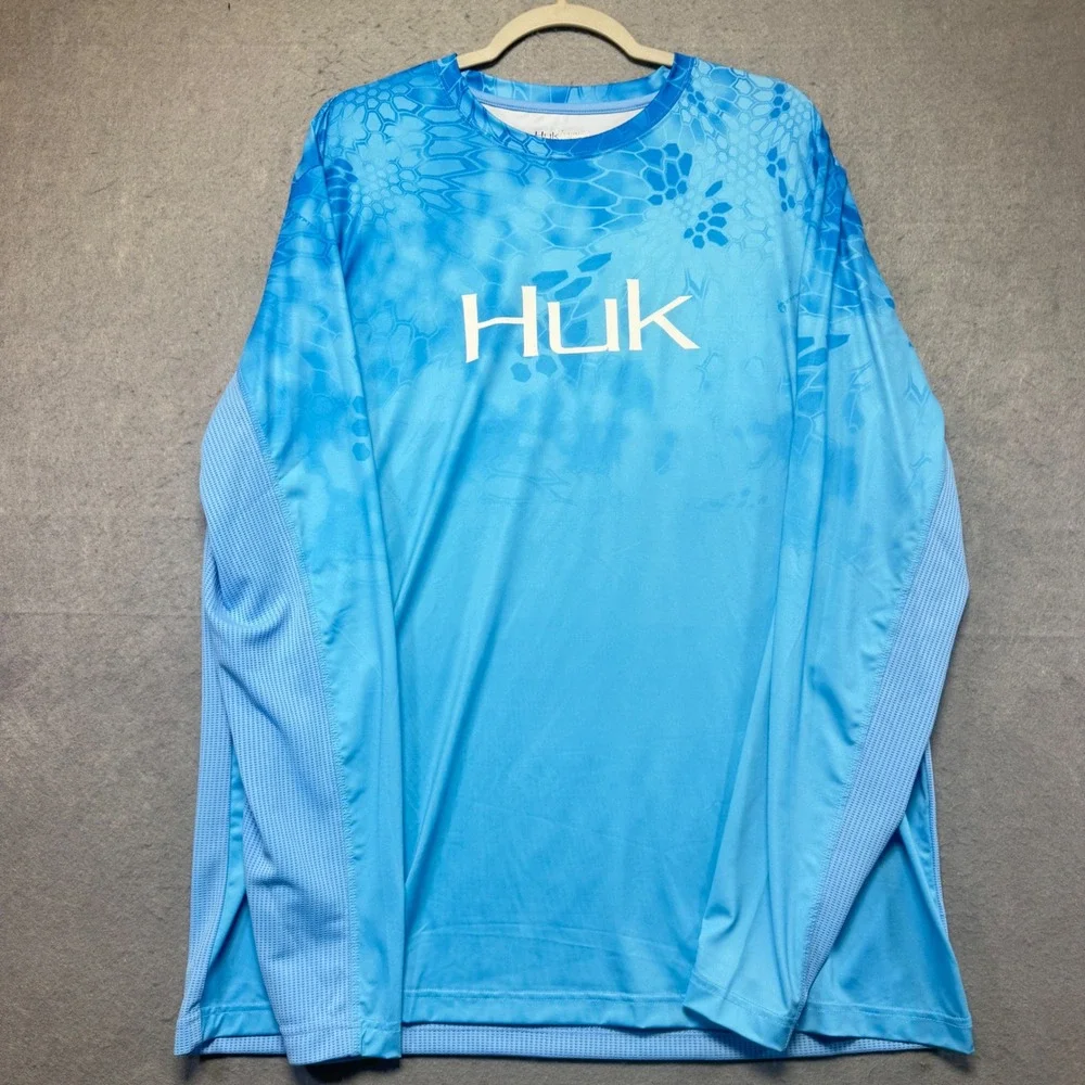 Huk Mens XL Blue Kryptek Camo Long Sleeve Performance Fishing Shirt Mesh Back